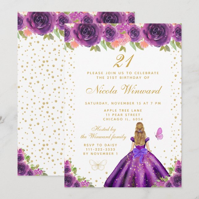 Purple Floral Blonde Hair Princess Birthday Party Invitation (Front/Back)
