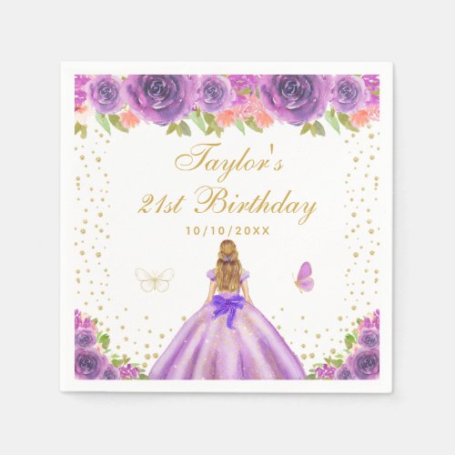 Purple Floral Blonde Hair Princess Birthday Party Napkins