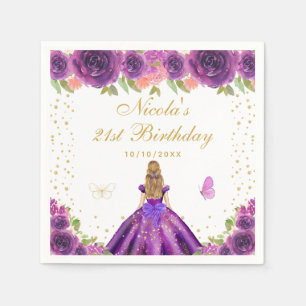Purple Floral Blonde Hair Princess Birthday Party Napkins