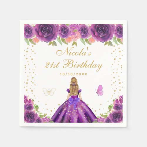 Purple Floral Blonde Hair Princess Birthday Party Napkins
