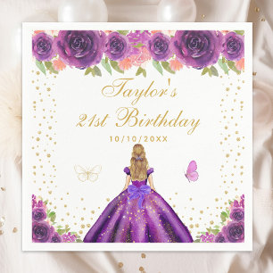 Purple Floral Blonde Hair Princess Birthday Party Napkins
