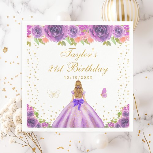 Purple Floral Blonde Hair Princess Birthday Party Napkins