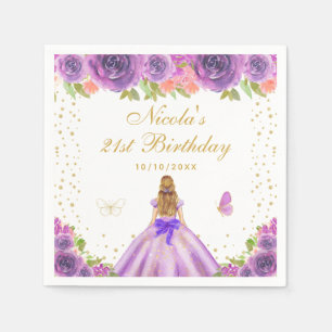 Purple Floral Blonde Hair Princess Birthday Party Napkins