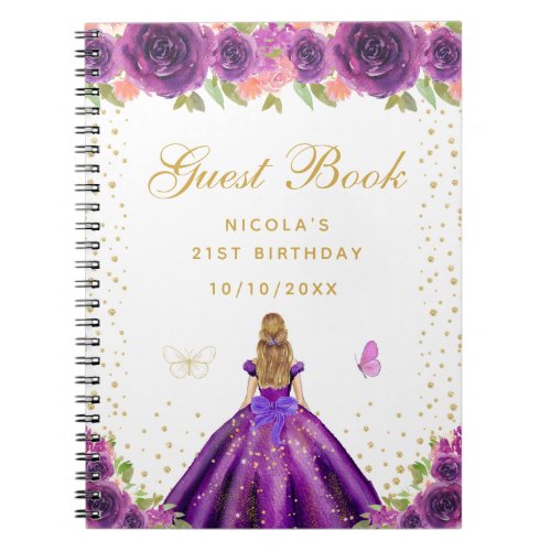 Purple Floral Blonde Hair Princess Birthday Party Notebook
