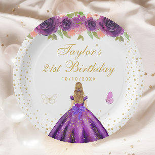 Purple Floral Blonde Hair Princess Birthday Party Paper Plates