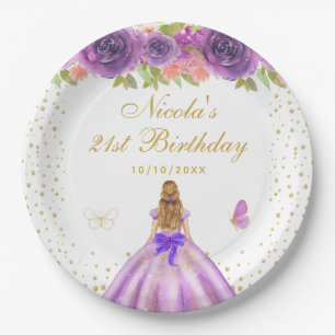 Purple Floral Blonde Hair Princess Birthday Party Paper Plates