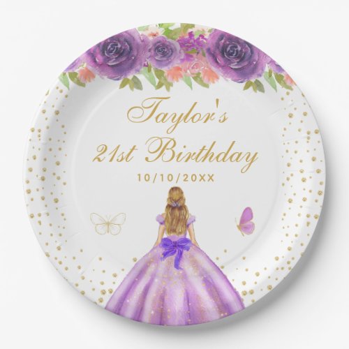 Purple Floral Blonde Hair Princess Birthday Party Paper Plates