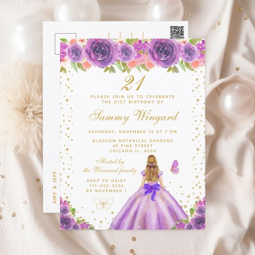 Purple Floral Blonde Hair Princess Birthday Party Postcard
