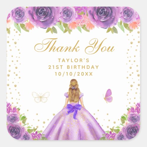 Purple Floral Blonde Hair Princess Birthday Party Square Sticker