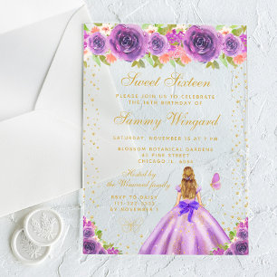 Purple Floral Blonde Hair Princess Sweet Sixteen Acrylic Invitations