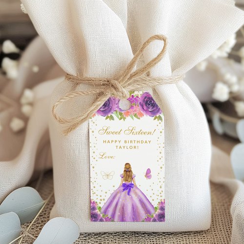 Purple Floral Blonde Hair Princess Sweet Sixteen Gift Tags