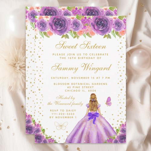 Purple Floral Blonde Hair Princess Sweet Sixteen Invitation