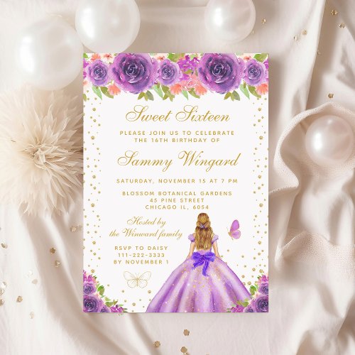 Purple Floral Blonde Hair Princess Sweet Sixteen Invitation