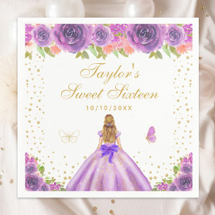 Purple Floral Blonde Hair Princess Sweet Sixteen Napkins