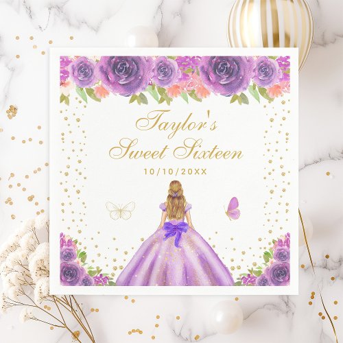 Purple Floral Blonde Hair Princess Sweet Sixteen Napkins