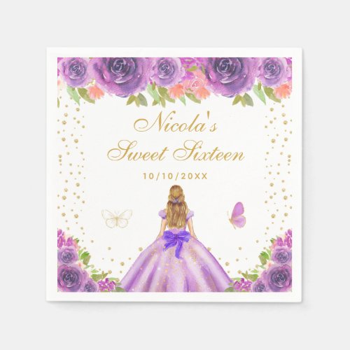 Purple Floral Blonde Hair Princess Sweet Sixteen Napkins
