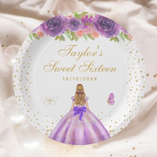 Purple Floral Blonde Hair Princess Sweet Sixteen Paper Plates