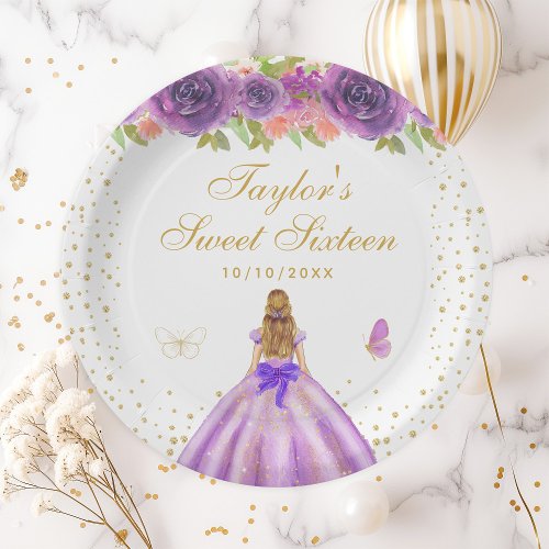 Purple Floral Blonde Hair Princess Sweet Sixteen Paper Plates