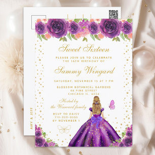 Purple Floral Blonde Hair Princess Sweet Sixteen Postcard