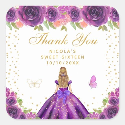 Purple Floral Blonde Hair Princess Sweet Sixteen Square Sticker