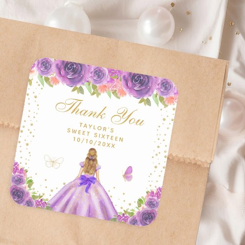 Purple Floral Blonde Hair Princess Sweet Sixteen Square Sticker