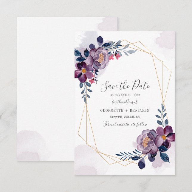 Purple Floral Bloom Geometric Script Save the Date (Front/Back)