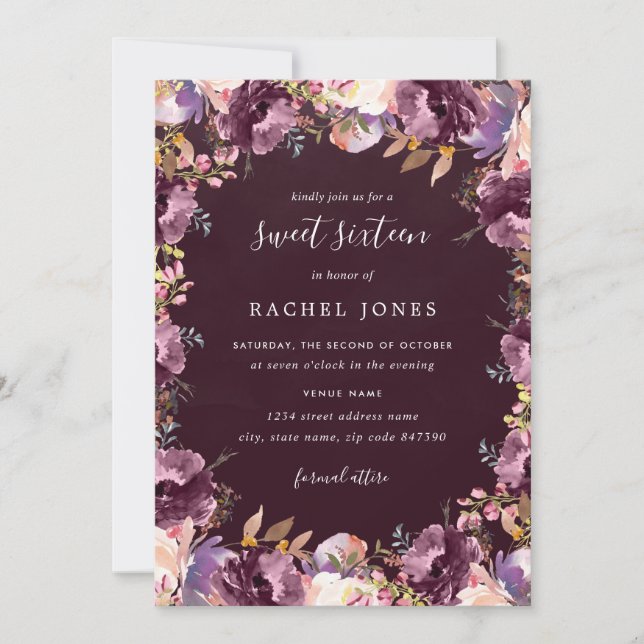 Purple Floral Bloom Sweet 16 Invitation (Front)