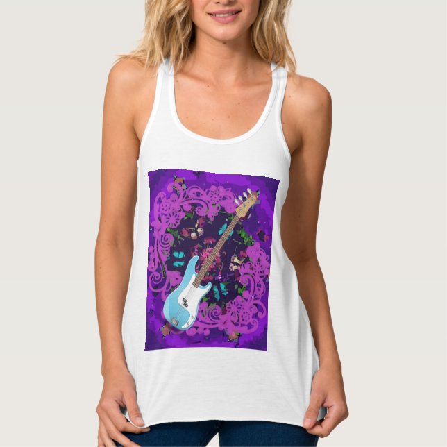 Purple Floral Blue Bass Guitar Racerback Tank Top (Front)