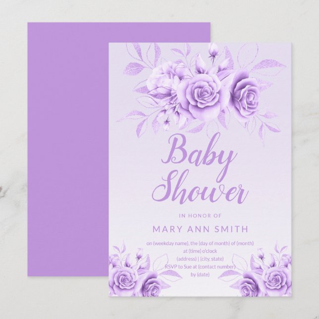 Purple Floral Blush Glitter Baby Shower  Invitation (Front/Back)
