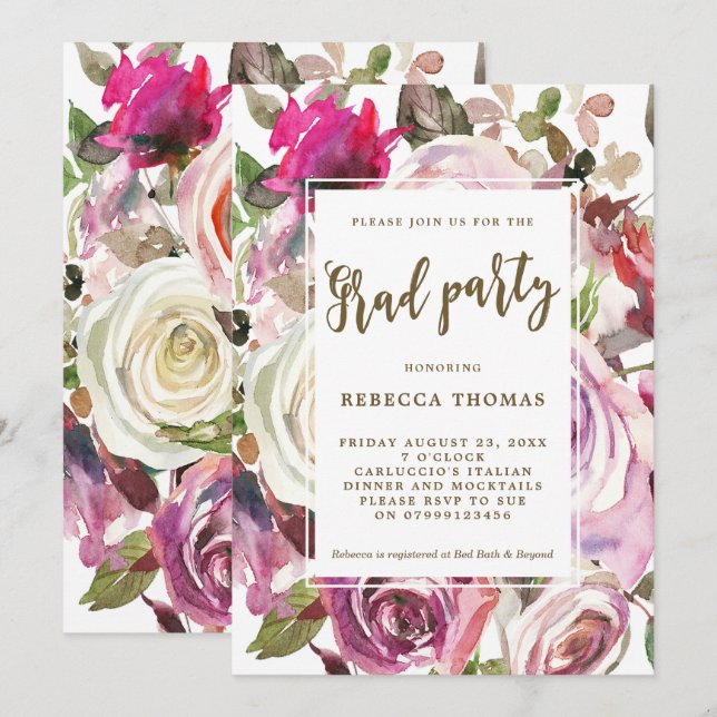 Purple floral boho Graduation party invitation (Front/Back)
