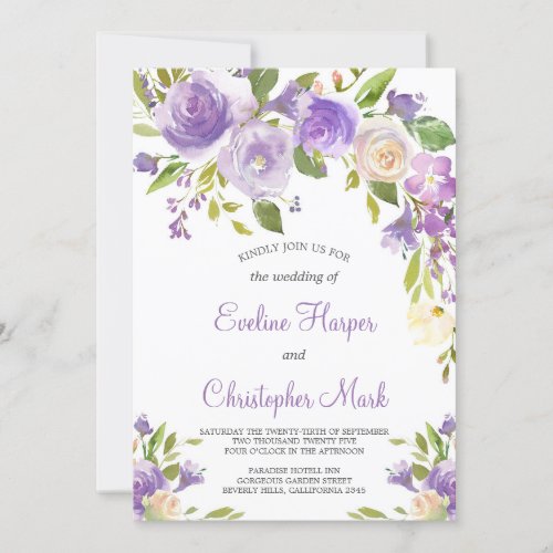 Purple floral Boho Greenery Calligraphy Wedding Invitation