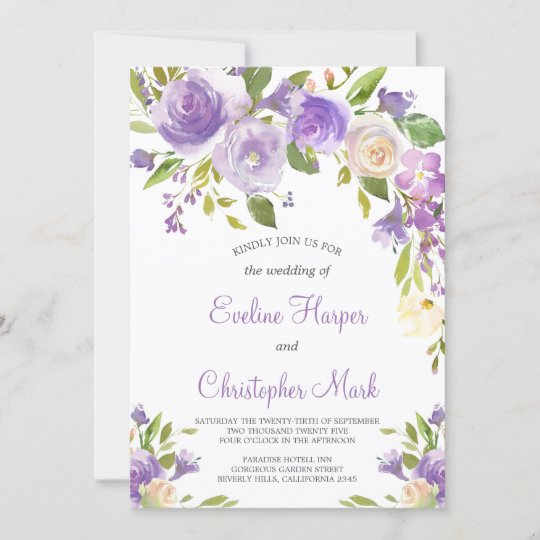 Purple floral Boho Greenery Calligraphy Wedding Invitation | Zazzle.com