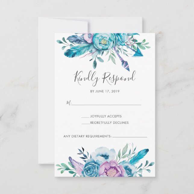 Purple floral boho watercolor RSVP cards (Front)