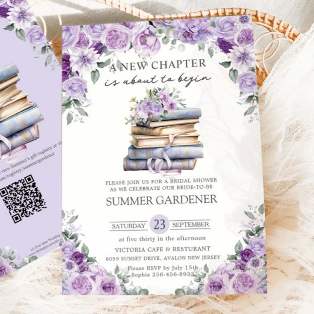 Purple Floral Books New Chapter Bridal Shower Invitation (Creator Uploaded)