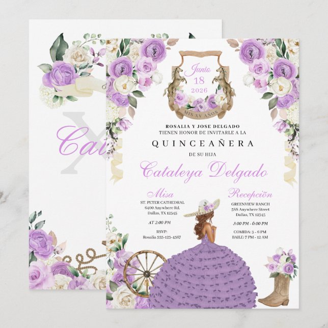 Purple Floral Boots Western Mariachi Quinceañera Invitation (Front/Back)