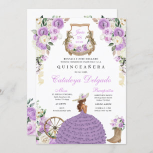 Purple Floral Boots Western Mariachi Quinceañera Invitation
