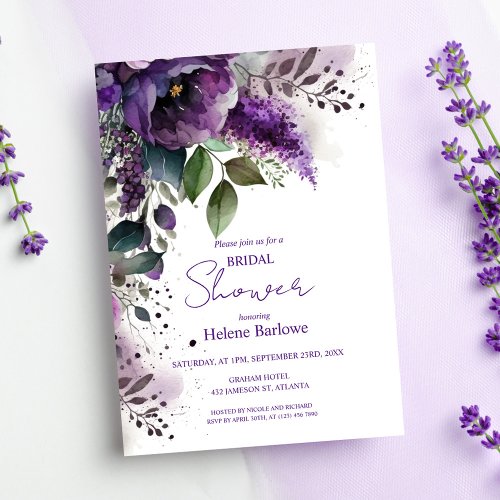 Purple Floral Botanical Elegant Bridal Shower Invitation