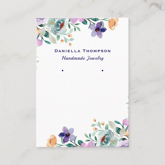 Purple Floral Botanical Jewelry Earring Display Business Card (Front)