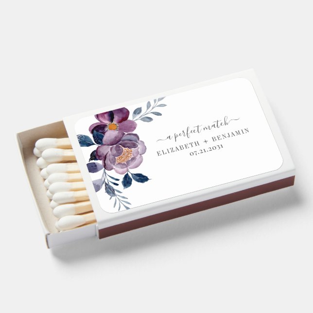 Purple Floral Botanical Modern Wedding Matchboxes (Front Open)