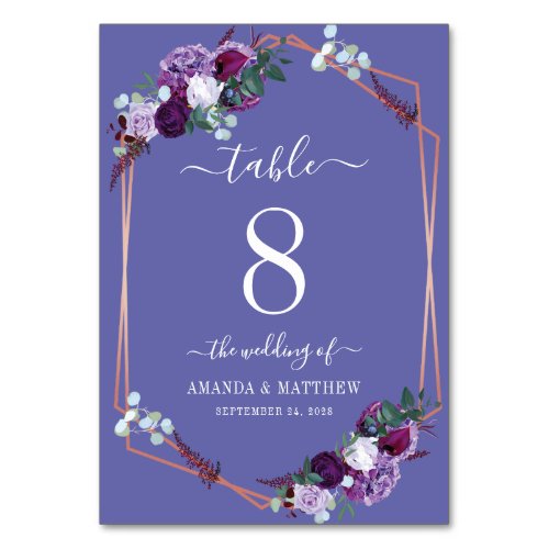 Purple Floral Botanical Rose Gold Frame Wedding Table Number