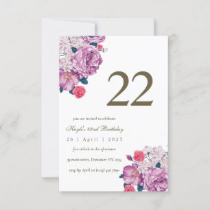 Purple Floral Botanical Simple Chic 22nd Birthday Invitation