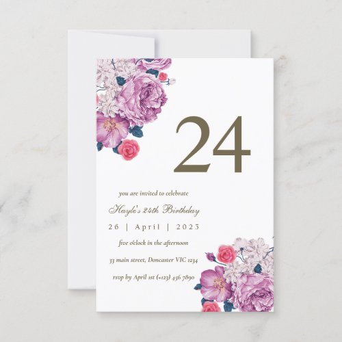 Purple Floral Botanical Simple Chic 24th Birthday Invitation