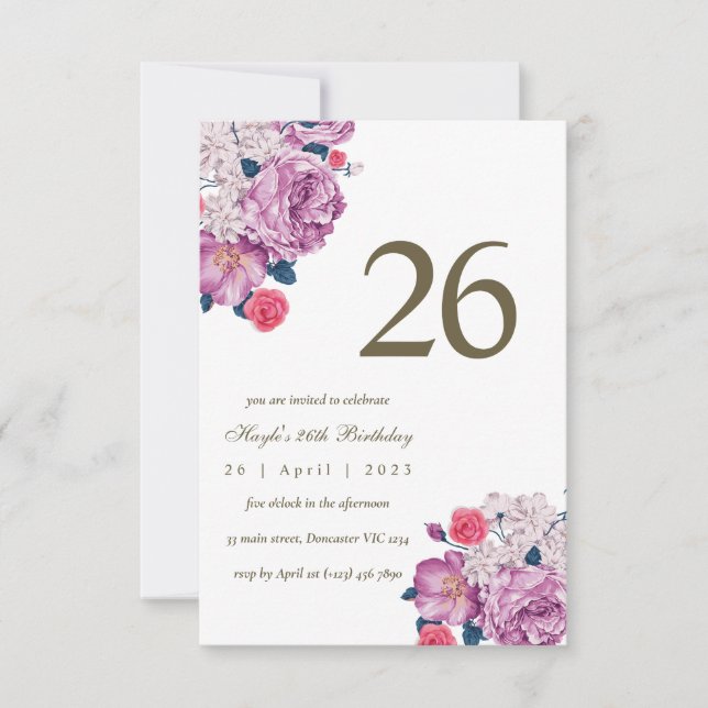 Purple Floral Botanical Simple Chic 26th Birthday Invitation (Front)