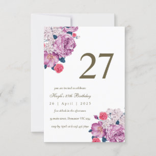 Purple Floral Botanical Simple Chic 27th Birthday Invitation