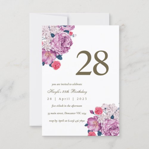 Purple Floral Botanical Simple Chic 28th Birthday Invitation