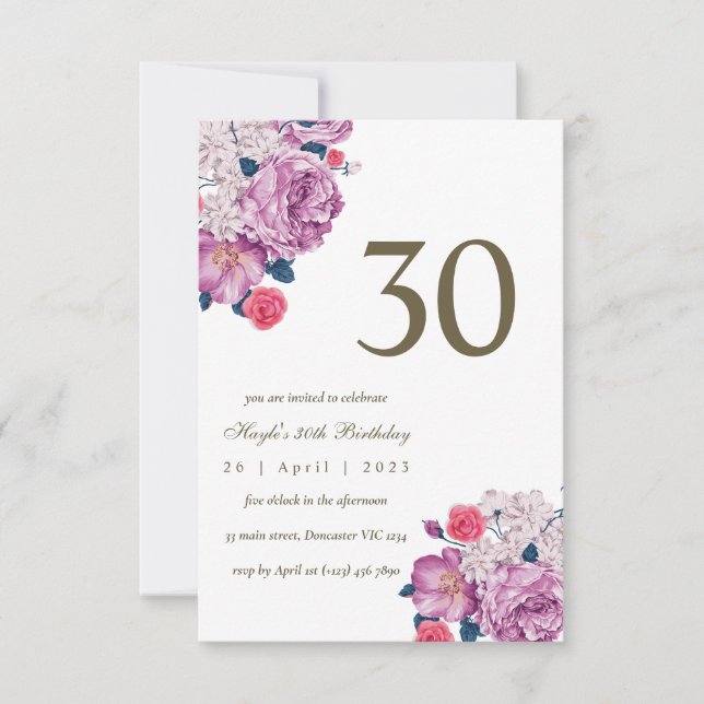 Purple Floral Botanical Simple Chic 30th Birthday Invitation (Front)