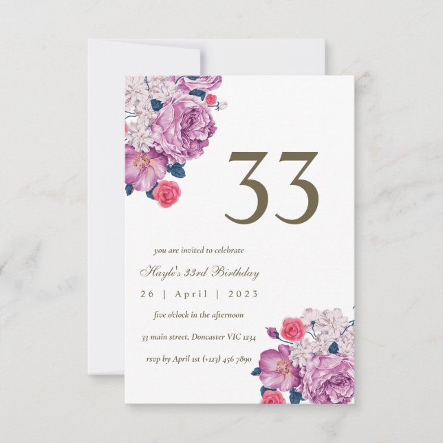 Purple Floral Botanical Simple Chic 33rd Birthday Invitation (Front)