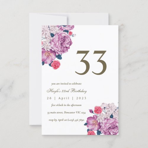 Purple Floral Botanical Simple Chic 33rd Birthday Invitation