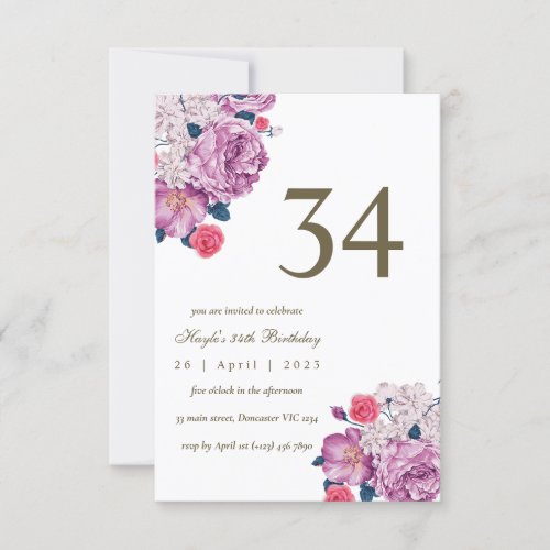 Purple Floral Botanical Simple Chic 34th Birthday Invitation