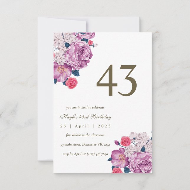 Purple Floral Botanical Simple Chic 43rd Birthday Invitation (Front)